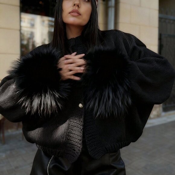 Black Festive Women's Furry Cuffs Metal Buttons Cardigan - Picture 8 of 11